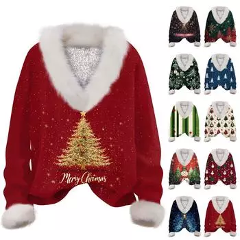 Женская толстовка с длинным рукавом, рождественским принтом, плюшевым воротником, V-образным вырезом, пуловер XL