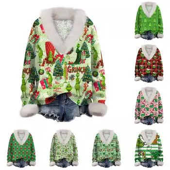 Женская толстовка с длинным рукавом, рождественским принтом, плюшевым воротником, V-образным вырезом, пуловер XXL