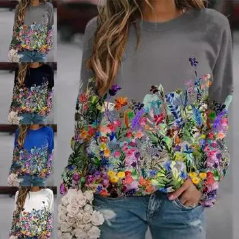 Женская толстовка с длинным рукавом, универсальная толстовка с цветочным принтом и круглым вырезом