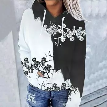 Женская толстовка с длинными рукавами и цветочным принтом, пуловер с карманами и шнурком, базовые повседневные топы, универсальные толстовки, новые толстовки 5XL