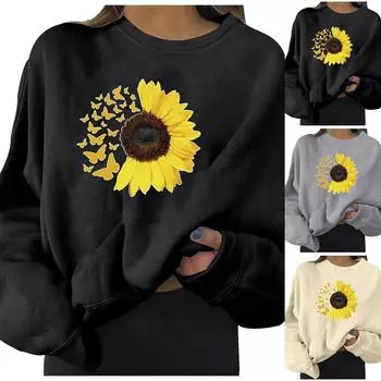 Женская толстовка с длинными рукавами и принтом, повседневная блузка, пуловер XL чёрный