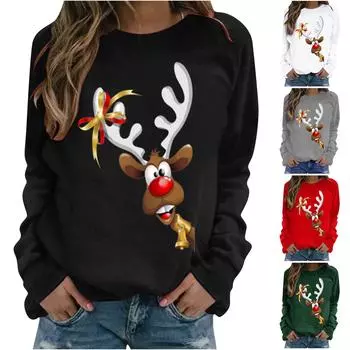 Женская толстовка с длинными рукавами и рождественским принтом, повседневная блузка, пуловер M белый
