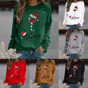 Женская толстовка с длинными рукавами и рождественским принтом, повседневная блузка, пуловер XXL коричневый