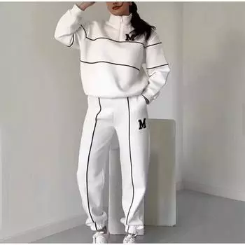 Женская толстовка с длинными рукавами и воротником-стойкой, повседневный спортивный костюм из двух предметов с буквенным принтом, свободный спортивный женский наряд на весну и осень S белый