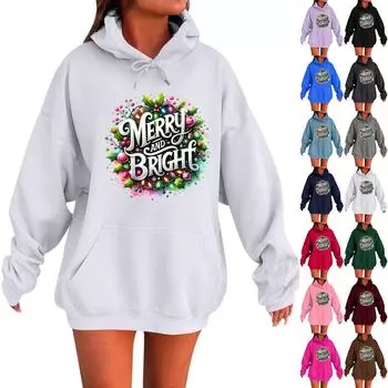 Женская толстовка с длинными рукавами, осенняя, с заниженной линией плеч, с рождественским принтом, капюшоном и бархатом XXXXXL чёрный