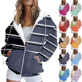 Женская толстовка с длинными рукавами в полоску с принтом пэчворк, карман на молнии, куртка с капюшоном XL красный