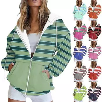 Женская толстовка с длинными рукавами в полоску с принтом пэчворк, карман на молнии, куртка с капюшоном XXL