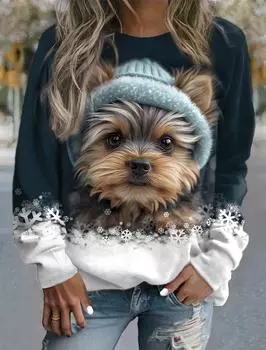 Женская толстовка с изображением собаки, 3D-принт, круглый вырез, длинный рукав XXS
