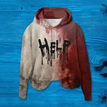 Женская толстовка с капюшоном 3D Bloodstain Print Halloween Vintage Haunted House Cosplay Top Hooded Long Sleeves Loose Hoodie L