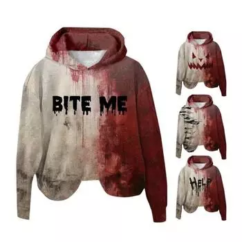 Женская толстовка с капюшоном 3D Bloodstain Print Halloween Vintage Haunted House Cosplay Top Hooded Long Sleeves Loose Hoodie L