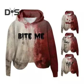 Женская толстовка с капюшоном 3D Bloodstain Print Halloween Vintage Haunted House Cosplay Top Hooded Long Sleeves Loose Hoodie L