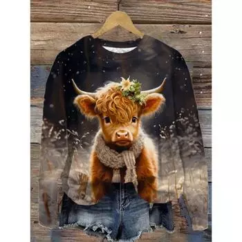Женская толстовка с капюшоном 3D с принтом коровы из мультфильма Повседневная толстовка с капюшоном с круглым вырезом Модные женские толстовки Весна Осень Пальто Sudaderas Femme S