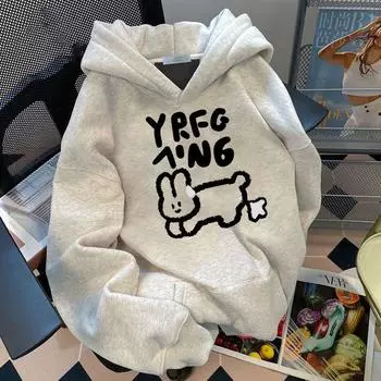 Женская толстовка с капюшоном American на осень и зиму с флисовым принтом Bunny, свободная утепленная куртка M серый