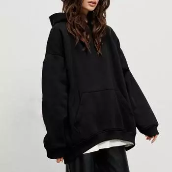 Женская толстовка с капюшоном большого размера, осень-зима, однотонная, с большим карманом, с длинными рукавами, повседневная, свободная, мягкая, теплая, женская, спортивная толстовка B S розовый