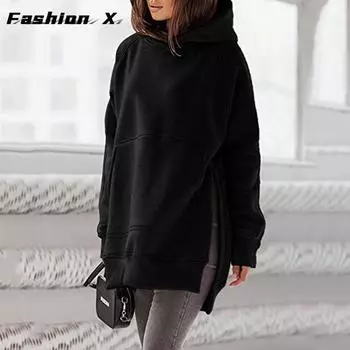 Женская толстовка с капюшоном, длинный рукав, круглый вырез, утепленная толстовка, зимняя свободная толстовка с капюшоном и длинным рукавом S небесно-голубой