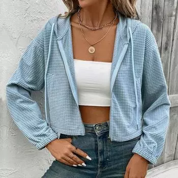 Женская толстовка с капюшоном, длинный рукав, однотонная куртка с застежкой-молнией на шнурке, короткая L синий