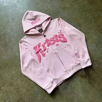 Женская толстовка с капюшоном Harajuku Pink Letter 3D Foaming Print 2024, новая классическая толстовка с капюшоном на молнии, свободная повседневная мужская одежда Y2k, уличная толстовка S