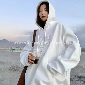 Женская толстовка с капюшоном и бархатной толстовкой на осень и зиму, свободные корейские новые женские студенческие топы, женская одежда M