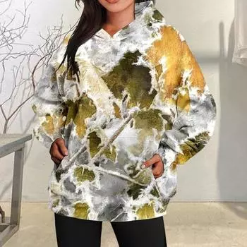 Женская толстовка с капюшоном и большим передним карманом, камуфляжный принт с кленовым листом, спортивная, свободного покроя L