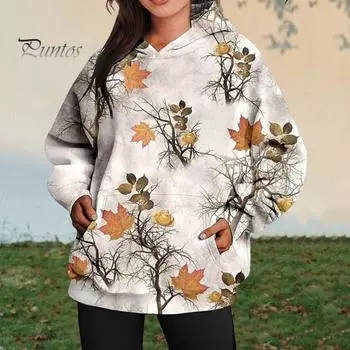 Женская толстовка с капюшоном и большим передним карманом, камуфляжный принт в виде кленового листа, свободный спортивный топ с капюшоном, повседневный стиль, спортивная одежда для путешествий и активного отдыха L K
