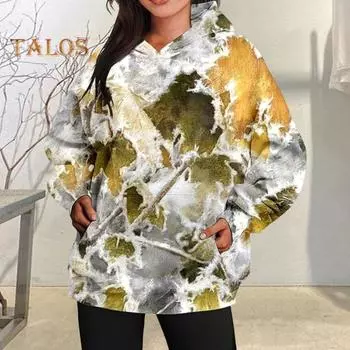 Женская толстовка с капюшоном и большим передним карманом, камуфляжный принт в виде кленового листа, свободный спортивный топ с капюшоном, повседневный стиль, спортивная одежда для путешествий и активного отдыха L D