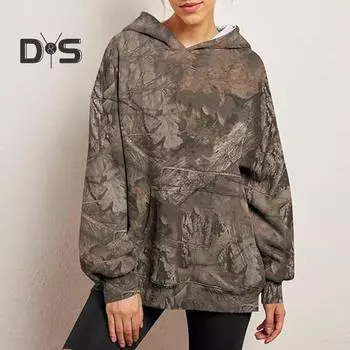 Женская толстовка с капюшоном и большим передним карманом, камуфляжный принт в виде кленового листа, свободный спортивный топ с капюшоном, повседневный стиль, спортивная одежда для путешествий и активного отдыха L E