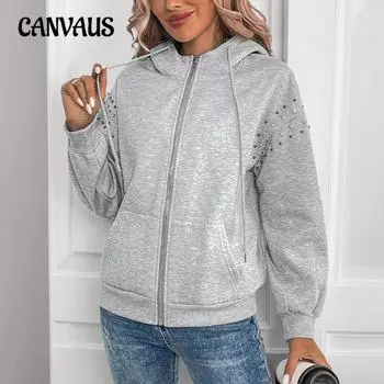 Женская толстовка с капюшоном и длинным рукавом, однотонная, с заклепками, повседневная модная толстовка, куртка на осень и зиму S светло-серый