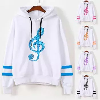 Женская толстовка с капюшоном и длинными рукавами «Музыкальные ноты», пуловер с капюшоном, блузка L чёрный