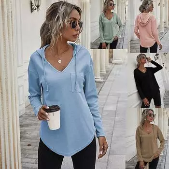 Женская толстовка с капюшоном и длинными рукавами, V-образным вырезом, пуловером на шнурке и карманом S чёрный