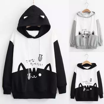 Женская толстовка с капюшоном и карманом с длинным рукавом и принтом кота большого размера XXXXXL чёрный