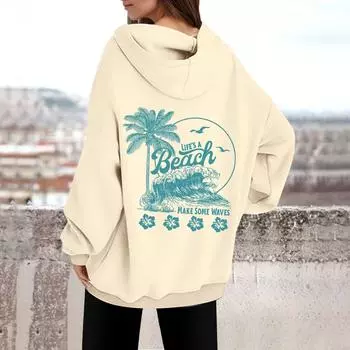 Женская толстовка с капюшоном и круглым вырезом с длинным рукавом и принтом от A BEACH MAKE SOME WAVES L бежевый