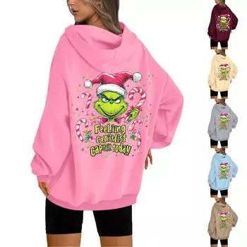 Женская толстовка с капюшоном и круглым вырезом, длинными рукавами и рождественским принтом L бежевый