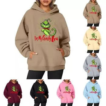 Женская толстовка с капюшоном и круглым вырезом, длинными рукавами и рождественским принтом XL бежевый