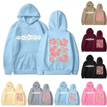 Женская толстовка с капюшоном и круглым вырезом, длинными рукавами и цветочным принтом L чёрный