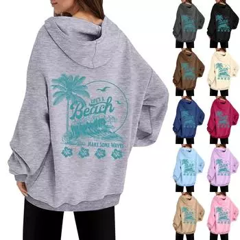 Женская толстовка с капюшоном и круглым вырезом с длинным рукавом и принтом от A BEACH MAKE SOME WAVES L бежевый