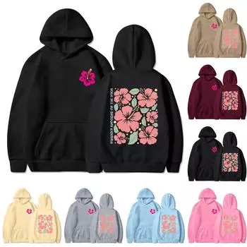 Женская толстовка с капюшоном и круглым вырезом, длинными рукавами и цветочным принтом L чёрный