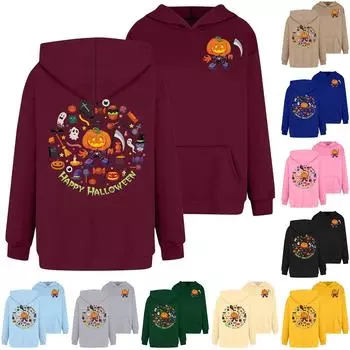 Женская толстовка с капюшоном и круглым вырезом, длинными рукавами и принтом «Хэллоуин» M винный