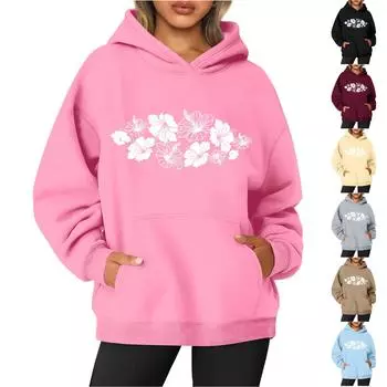 Женская толстовка с капюшоном и круглым вырезом, длинными рукавами и цветочным принтом L чёрный