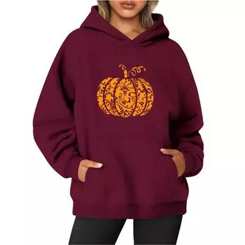 Женская толстовка с капюшоном и круглым вырезом, длинными рукавами и принтом «Хэллоуин» S винный