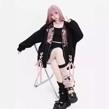 Женская толстовка с капюшоном и принтом бабочек на осень и зиму, свободный топ на молнии L чёрный