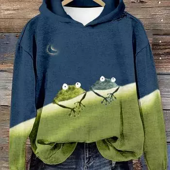 Женская толстовка с капюшоном и принтом лягушки - удобная повседневная толстовка с привлекательным дизайном - мягкий длинный рукав для повседневного модного стиля S