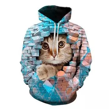 Женская толстовка с капюшоном и принтом в виде кота на стене, кирпича, 3D-принт, повседневная уличная одежда с капюшоном и карманом, унисекс XXS