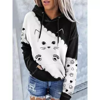 Женская толстовка с капюшоном и принтом в виде лапок котенка, с длинным рукавом, милая толстовка с капюшоном, легкий пуловер, повседневная женская толстовка, осенний пуловер S
