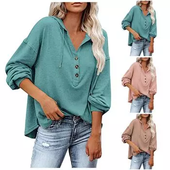 Женская толстовка с капюшоном и пуговицами, свободный однотонный повседневный спортивный топ с длинными рукавами L зелёный
