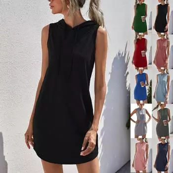 Женская толстовка с капюшоном и шнурком, спортивное повседневное однотонное облегающее платье без рукавов L синий