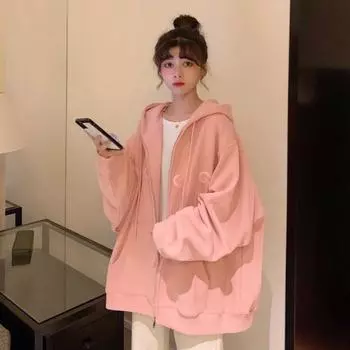 Женская толстовка с капюшоном из 65% хлопка с вышивкой - Свободная куртка на молнии в корейском стиле (Студенческая коллекция 2025) Extra Large