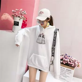 Женская толстовка с капюшоном из бархата с рисунком из мультфильма на осень-зиму, женская повседневная толстовка с длинным рукавом и карманом XXL белый