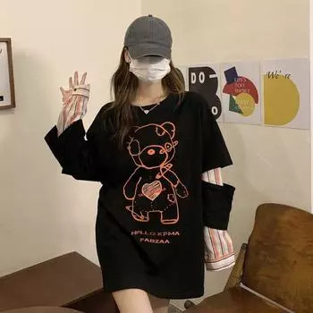 Женская толстовка с капюшоном из двух частей с медведем в полоску в стиле Bf, осенний повседневный свободный топ с круглым вырезом и длинными рукавами S чёрный