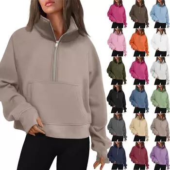 Женская толстовка с капюшоном из флиса с воротником-стойкой и однотонным принтом, с длинными рукавами и карманами, свободная, с застежкой-молнией на половину длины, с капюшоном L чёрный