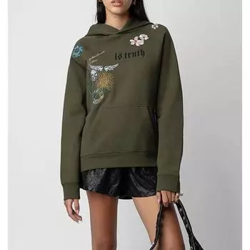 Женская толстовка с капюшоном из флиса с вышивкой, длинным рукавом, принтом в виде букв, цветов, черепа, крыльев, вышитым карманом, пуловер с капюшоном S армия зеленый